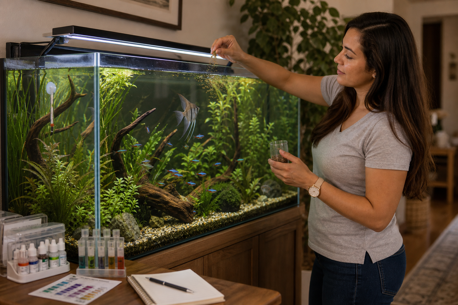 Freshwater aquarium feeding and equipment observation