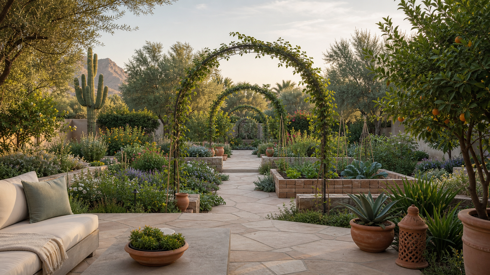 Phoenix area garden with planted archways and desert-friendly landscaping