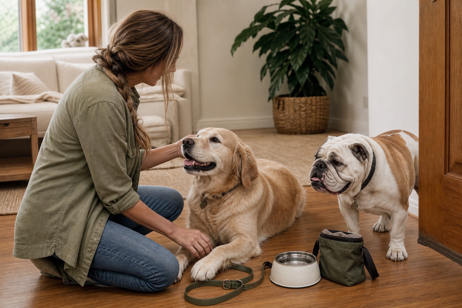 Pet sitter caring for a golden retriever and English bulldog in their home