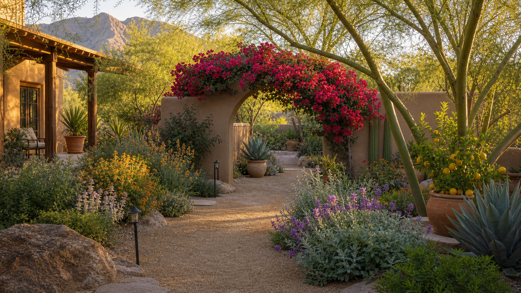 Phoenix courtyard garden with bougainvillea and lush desert friendly planting