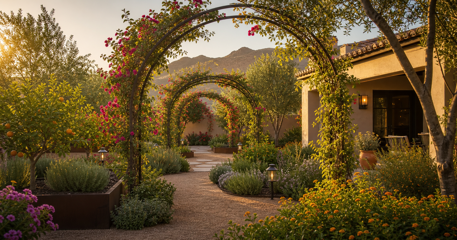 Phoenix garden services with large arches and desert adapted plantings